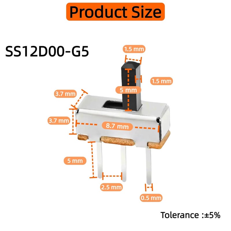 EGSCST 50PCS Micro Mini Slide Switch SPDT Toggle Switches 1p2t 2 Position 3 Pin Small Miniature Vertical Panel Mount Dip Knob for Arduino PCB Breadboard Electronic Project - SS12D00G 5mm DC 50V 0.5A - Image 2